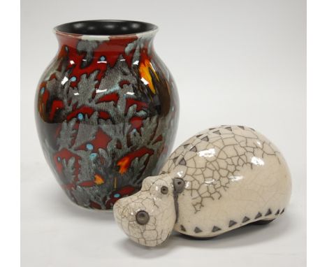 A modern Poole pottery baluster form vase, height 17cm, together with a studio glazed stoneware hippopotamus (2)