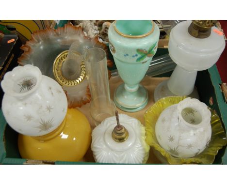 Assorted glass oil lamp parts to include yellow tinted and acid etched shade