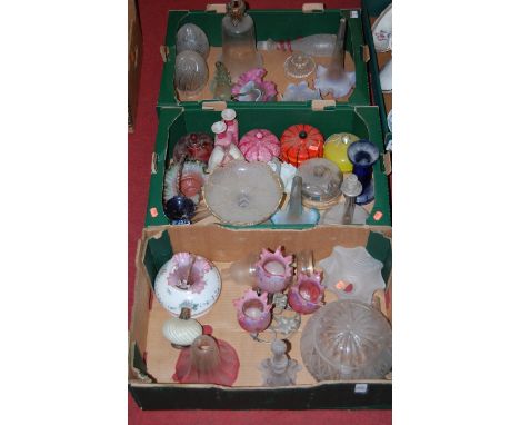 Three boxes of Victorian and later glassware, to include table epergne trumpets, lightshades, pair of pink glazed vases etc