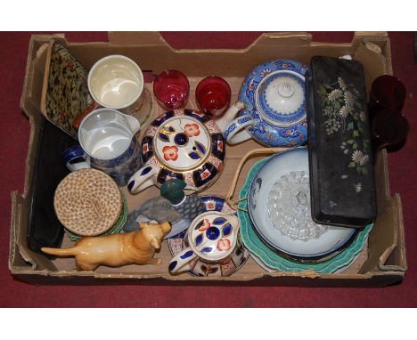 A box of miscellaneous items, to include Gaudy Welch teapot, cranberry glassware, lacquered glove box etc