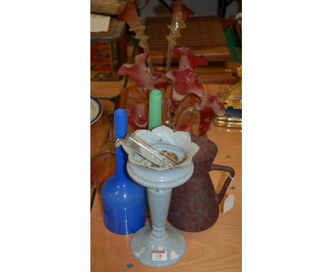 A collection of Victorian and later glassware to include Victorian cranberry glass, 6 trumped table epergne (central trumped 