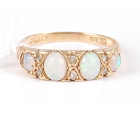 An 18ct gold, opal and diamond set ring, arranged as four graduated cabochon opals, each dispersed with twin small rough cut 