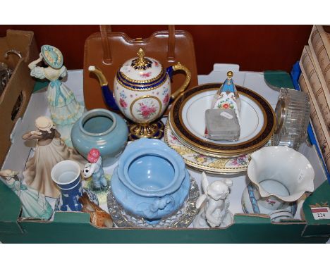 Mixed lot to include Waterford Crystal mantel clock, Coalport figures, after Faberge coffee pot etc