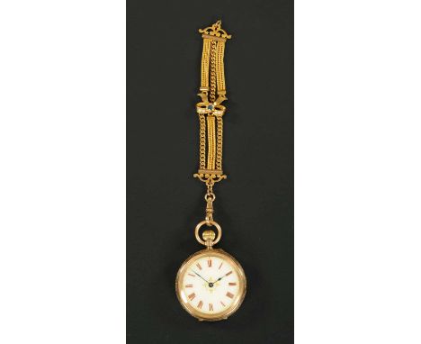 A Continental foliate engraved fob watch, stamped "9 k", with enamelled dial, Roman numerals and plated hanger.