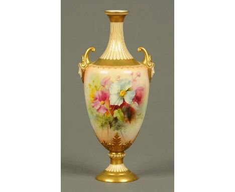 A Royal Worcester blush two handled vase, decorated with spring flowers, signed "Roberts", puce mark to base.  Height 13.75 i