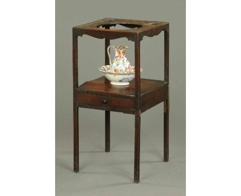 A George III mahogany square washstand, with jug and basin set. 
