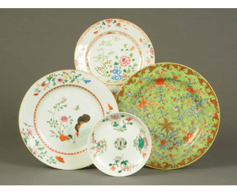 Four Chinese plates, polychrome.  Sizes from 6.5 ins to 11.5 ins.  CONDITION REPORT: The small plate has a small chip to the 