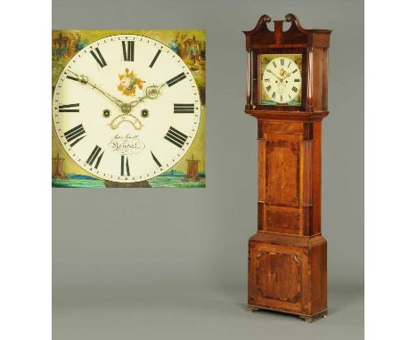 An early 19th century oak and mahogany crossbanded longcase clock by James Scott of Kendal, with painted dial, two-train stri