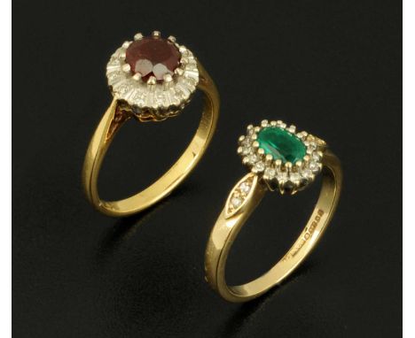 An 18 ct gold ruby and diamond cluster ring, size K/L, and a 9 ct gold emerald and diamond cluster ring, size L.