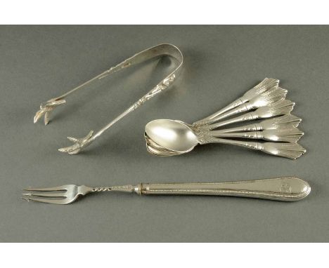 A set of six silver coffee spoons, Sheffield 1894, and a pair of silver sugar tongs and pickle fork.  
