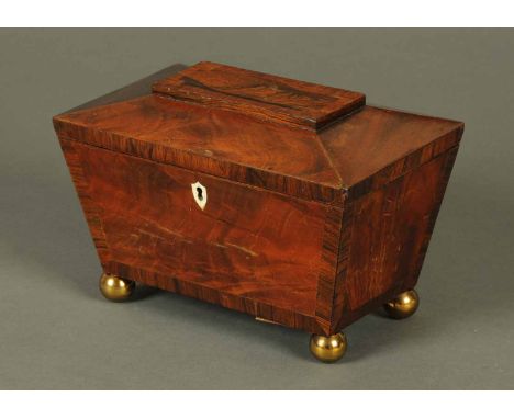 A Regency mahogany and rosewood crossbanded sarcophagus shaped tea caddy, raised on brass ball feet.  Width 9.5 ins. 