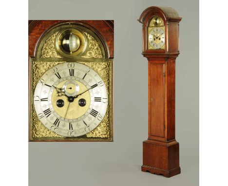 A George III oak longcase clock, by Hariman of Workington, with 12 inch dial with globe/ball moon, wheatear engraving and cen