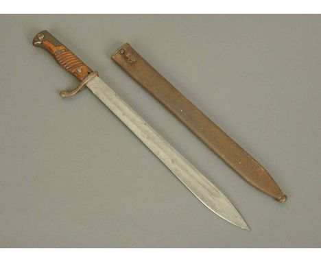 A German bayonet with scabbard, the blade stamped "Simson & Co., Suhl".  Overall length 20 ins. 
