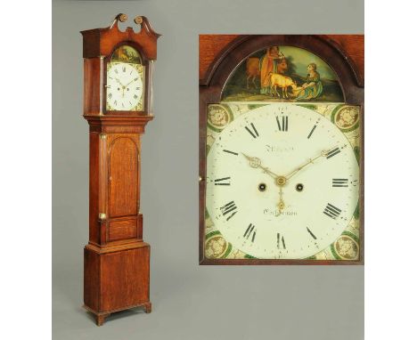 An early 19th century oak and mahogany crossbanded longcase clock by Mitchell of Cockermouth, with swans neck pediment above 