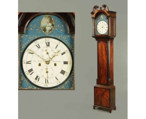 A George III mahogany longcase clock, by James Gray of Edinburgh, with swans neck pediment above the 12 inch arched painted d