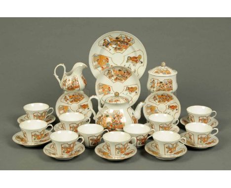 A Japanese Satsuma tea set, teapot, sucrier, milk jug, eleven cups, twelve saucers, serving plate, character marks to base (s