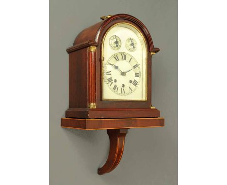 An Edwardian inlaid mahogany bracket clock and bracket, three-train spring driven movement Serial No. 45409 striking on five 