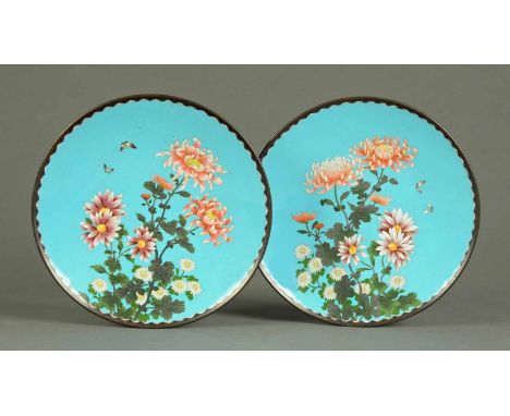A pair of late 19th century Cloisonne plates, decorated with floral sprays and butterflies against a blue ground.  Diameter 9