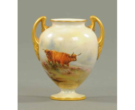 A Royal Worcester vase, painted with Highland cattle, signed Hy. ***.  Height 4.25 ins.  CONDITION REPORT: There has been pro