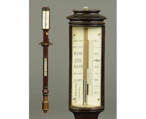 A Regency mahogany marine barometer, by Jones, Gray & Keen, Liverpool, with gimble, adjustable vernier, carved and weighted f