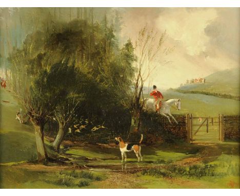 A 19th century oil painting on canvas, hunting scene.  13 ins x 17 ins, signed with initials "EH".