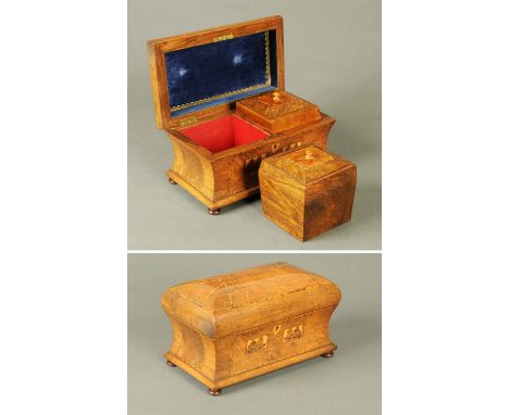 A fine 19th century Tunbridge Ware tea caddy, bombe form, two interior lidded caddies.  Width 31 cm (see illustration). 