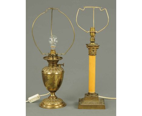 A Victorian brass paraffin lamp, gadrooned, urn form, electrified,  height excluding light fitting 14 ins, and a 20th century