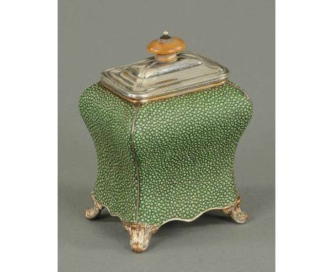 A Victorian silver plated tea caddy, bombe form, the shagreen covering probably later.   CONDITION REPORT: The wooden handle 