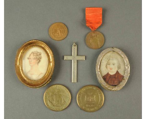 Two Georgian portrait miniatures, and a collection of medals and medallions. 