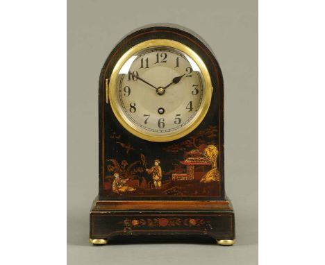 A Chinoiserie lacquered mantle clock, the single-train movement by The Newbridge Works, Bath.  Height 10.5 ins, width 7 ins. 