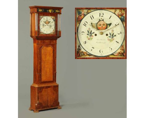 A George III oak and mahogany longcase clock, with moulded cornice above a painted frieze and square door enclosing the 13 in