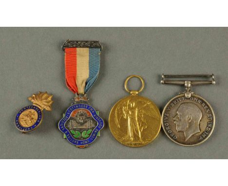 Two First World War medals, to Sergeant W. Waugh RE 142888, and two enamelled badges, Scotswoods Own Soldiers & Sailors Homec