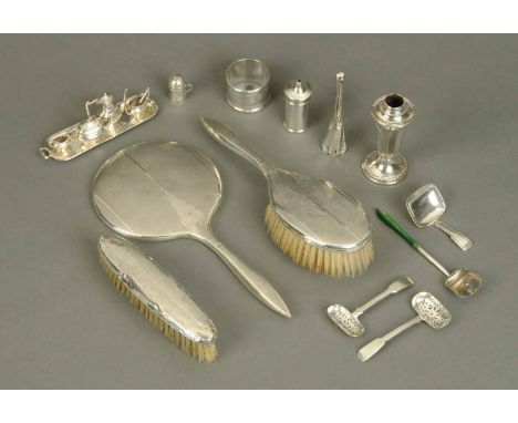 A miniature tea service, Birmingham 1906, a miniature sifter, serviette ring, salt, part epergne, vase, pair of sugar sifters