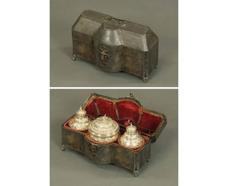 A cased set of three silver caddies, by Samuel Taylor, London 1763, each repousse with Chinoiserie figures and foliage, the l