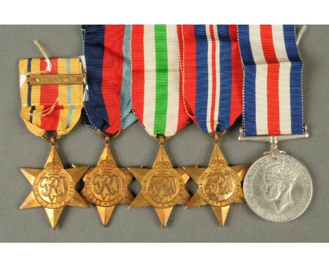 A World War II group of five medals, including African Star with 8th Army bar. 