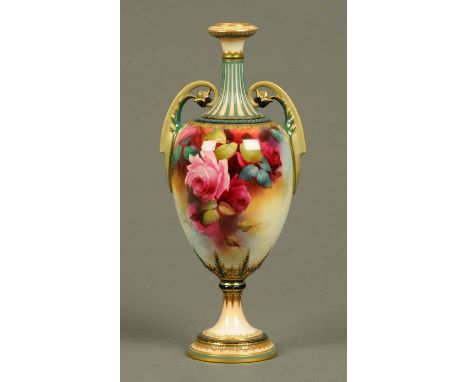 A Royal Worcester vase, decorated with roses and signed "C.V. White", green printed mark to base.  Height 14 ins (see illustr