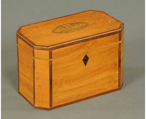 A Regency satinwood and rosewood crossbanded tea caddy, inlaid with a Prince of Wales plume to the lid, with two interior com