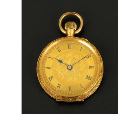 An 18 ct gold foliate engraved fob watch, stamped "18 K" to the inner case. knob wind.  Case diameter 30 mm (see illustration