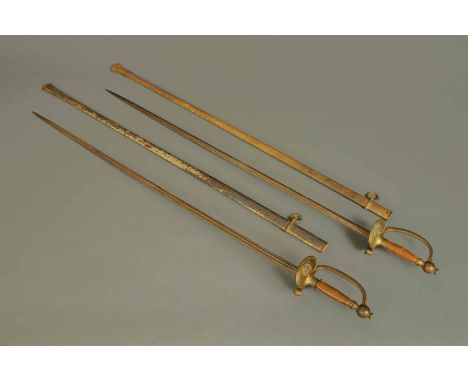 A pair of French Medical Corps court swords, each with scabbard, each of slightly different design.  Lengths 39 ins and 40 in