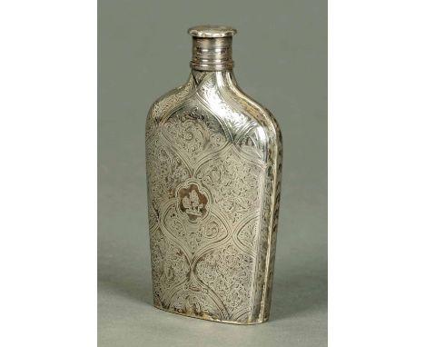 A Victorian silver hip flask, foliate engraved, Birmingham 1863, 106 grams.  Height 123 mm. CONDITION REPORT: The hip flask i