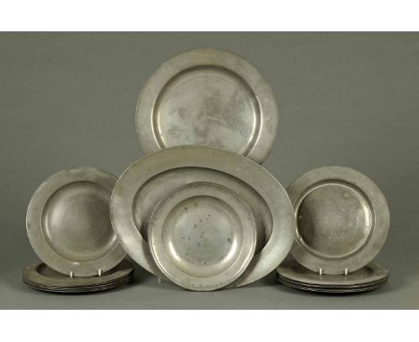 A collection of fifteen pewter plates and dishes, bowl, 23 cm, Compton, London, thirteen 24 cm plates with London touch marks