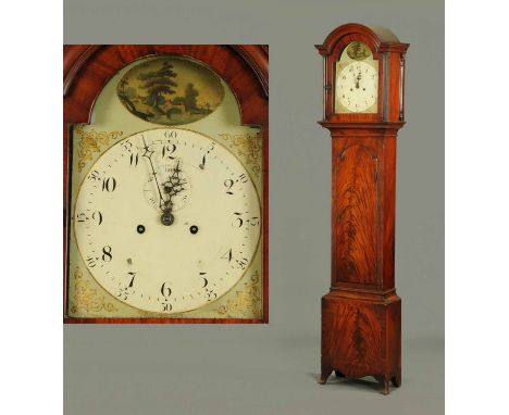 A 19th century mahogany longcase clock, with arched hood, painted dial with Arabic numerals, subsidiary seconds dial and two-