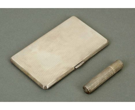 A silver cigarette case, engine turned, Birmingham 1941, and an engine turned Sterling silver cigarette lighter.  