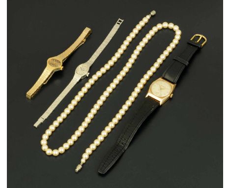 A 9 ct gold cased wristwatch, Helvetia 17 Jewels, a Rotary ladies gold plated wristwatch, another Rotary ladies wristwatch an