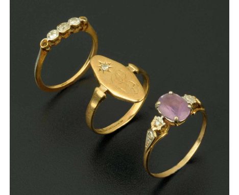 Three dress rings, 18 ct gold three diamonds, two stones missing, 9 ct gold oval with small diamond and 9 ct gold dress ring,