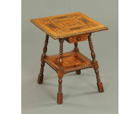 A 19th century Continental square occasional table, with marquetry top, drawer beneath, angled legs and low shelf.  Width 22.