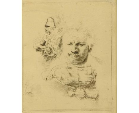 A Rembrandt etching, "Studies and Self Portrait".  4.75 ins x 4 ins, framed.