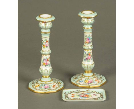 A pair of French foliate patterned candlesticks, with matching trinket tray.  Candlestick height 8.5 ins, tray length 5 ins. 