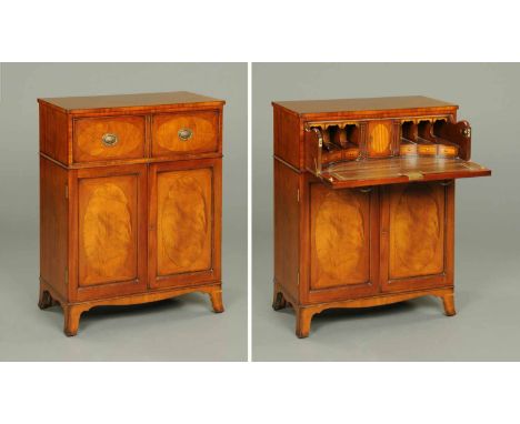 A George III style mahogany secretaire chest of drawers, with fine interior and with pair of panelled cupboard doors beneath,