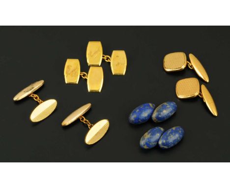 A pair of 9 ct gold cufflinks, inscribed "Raoul", a pair of lapis lazuli cufflinks and two pairs of gold plated cufflinks. 